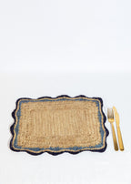 Garden Party placemats with Blue Edges, Handmade Woven Rectangular Table Mats, Natural raffia boho Placemat for Dining Table