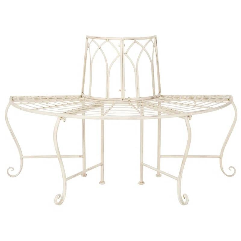 Half-Circle Outdoor Patio Garden Antique White Wrought Iron Tree Bench
