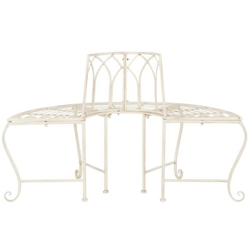 Half-Circle Outdoor Patio Garden Antique White Wrought Iron Tree Bench