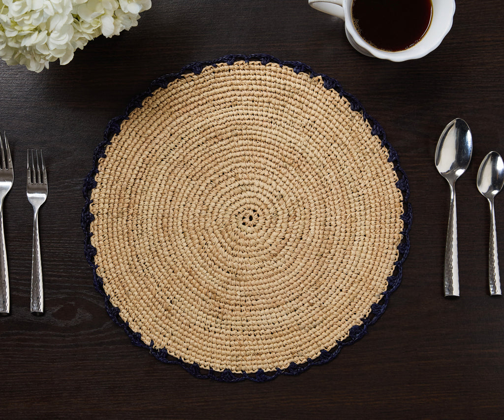 Handwoven Aura Blue Edge Placemat - Rustic Woven Raffia Tabletop Decor