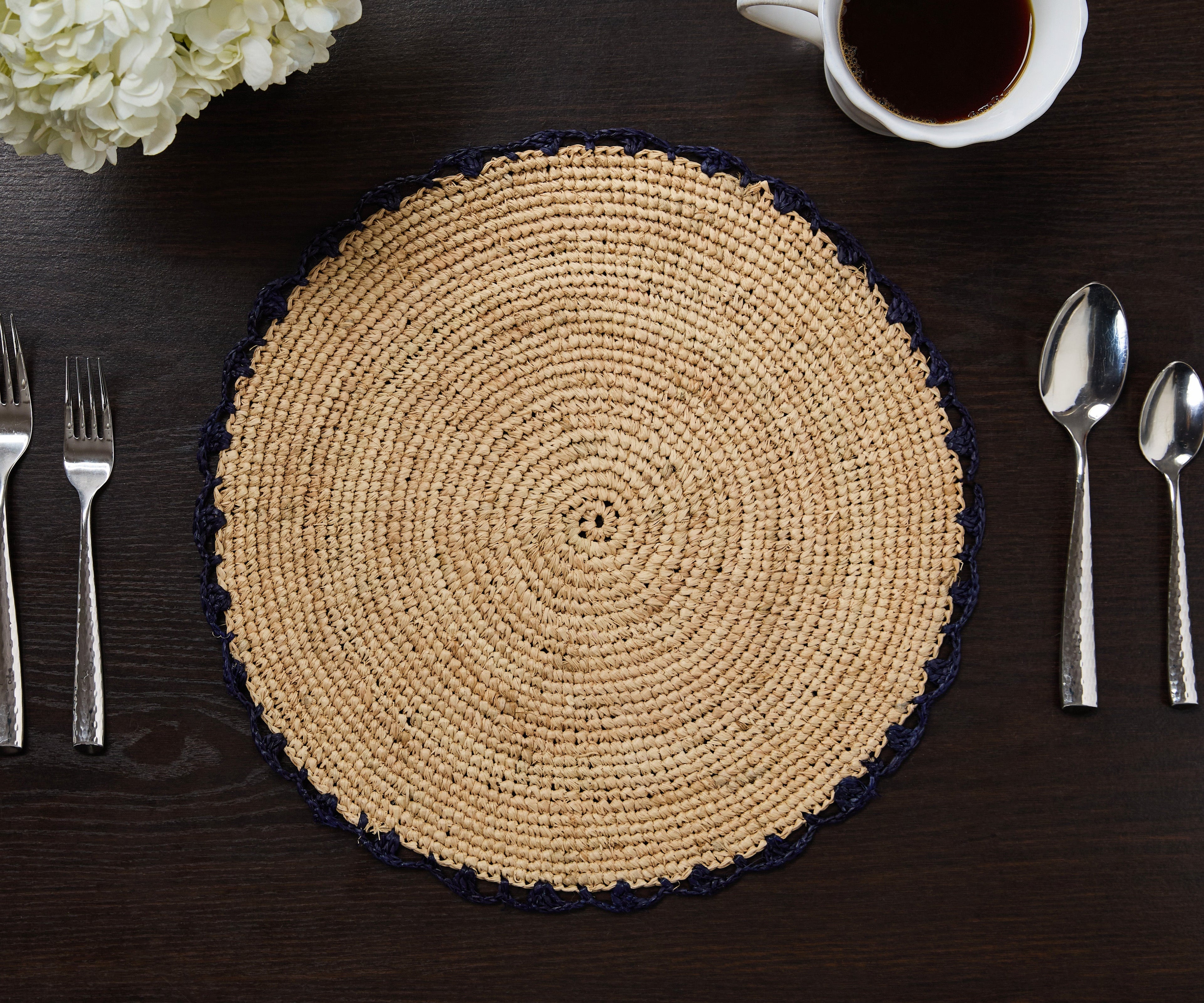 Handwoven Aura Blue Edge Placemat - Rustic Woven Raffia Tabletop Decor