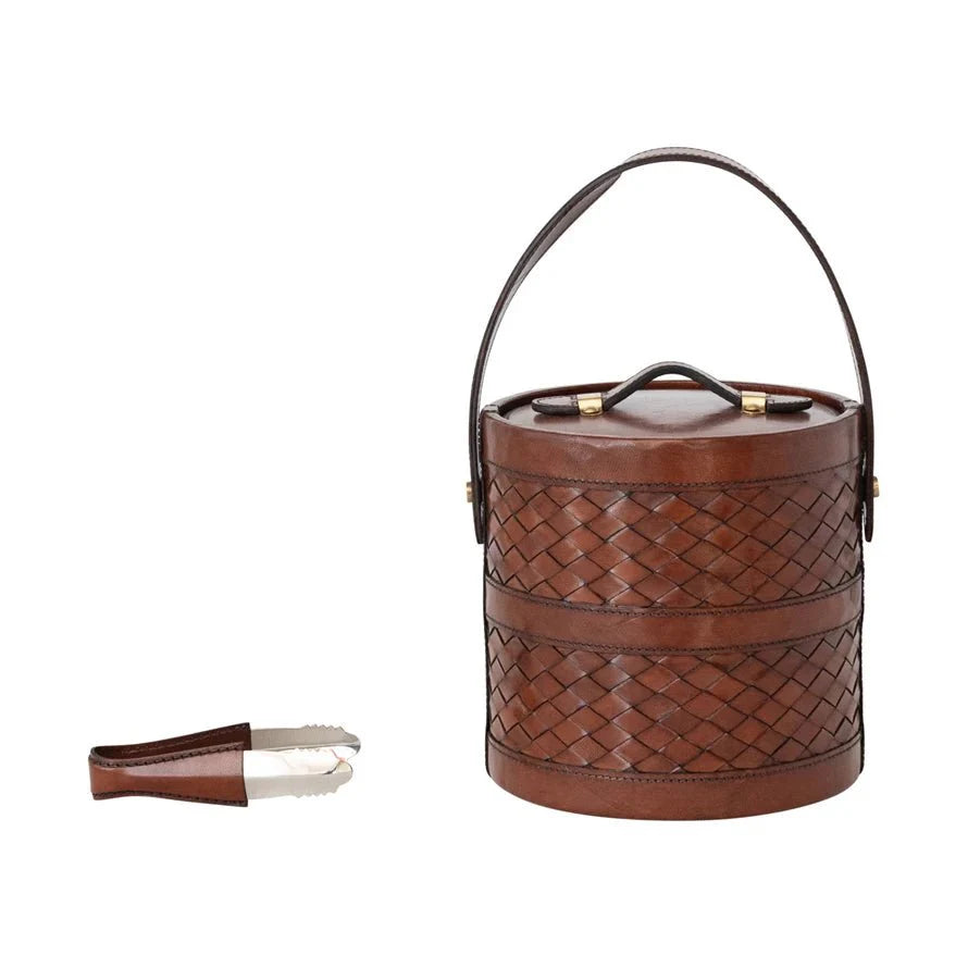 Canton Woven Leather Ice bucket and Tons - Set of 2
