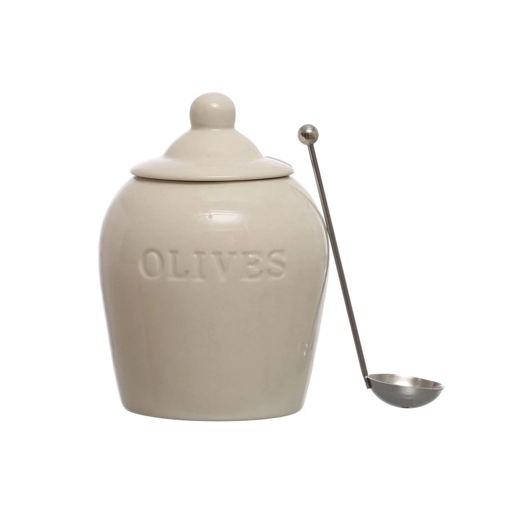 Debossed Stoneware Olive Jars with Slotted Spoon – Set of 2
