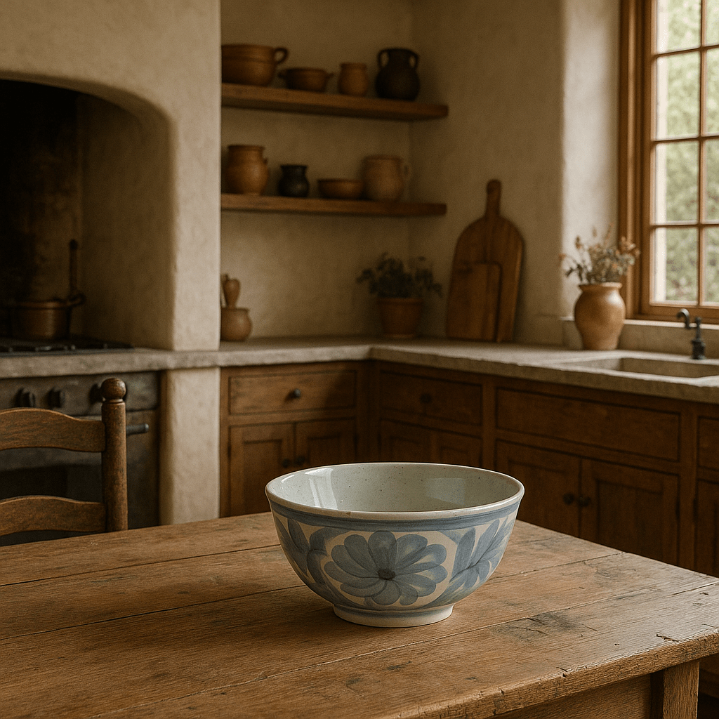 Hand-Painted Blue & White Stoneware Bowl – Floral Design